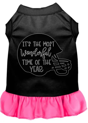 Most Wonderful Time Of The Year (football) Screen Print Dog Dress Black With Bright Pink Med