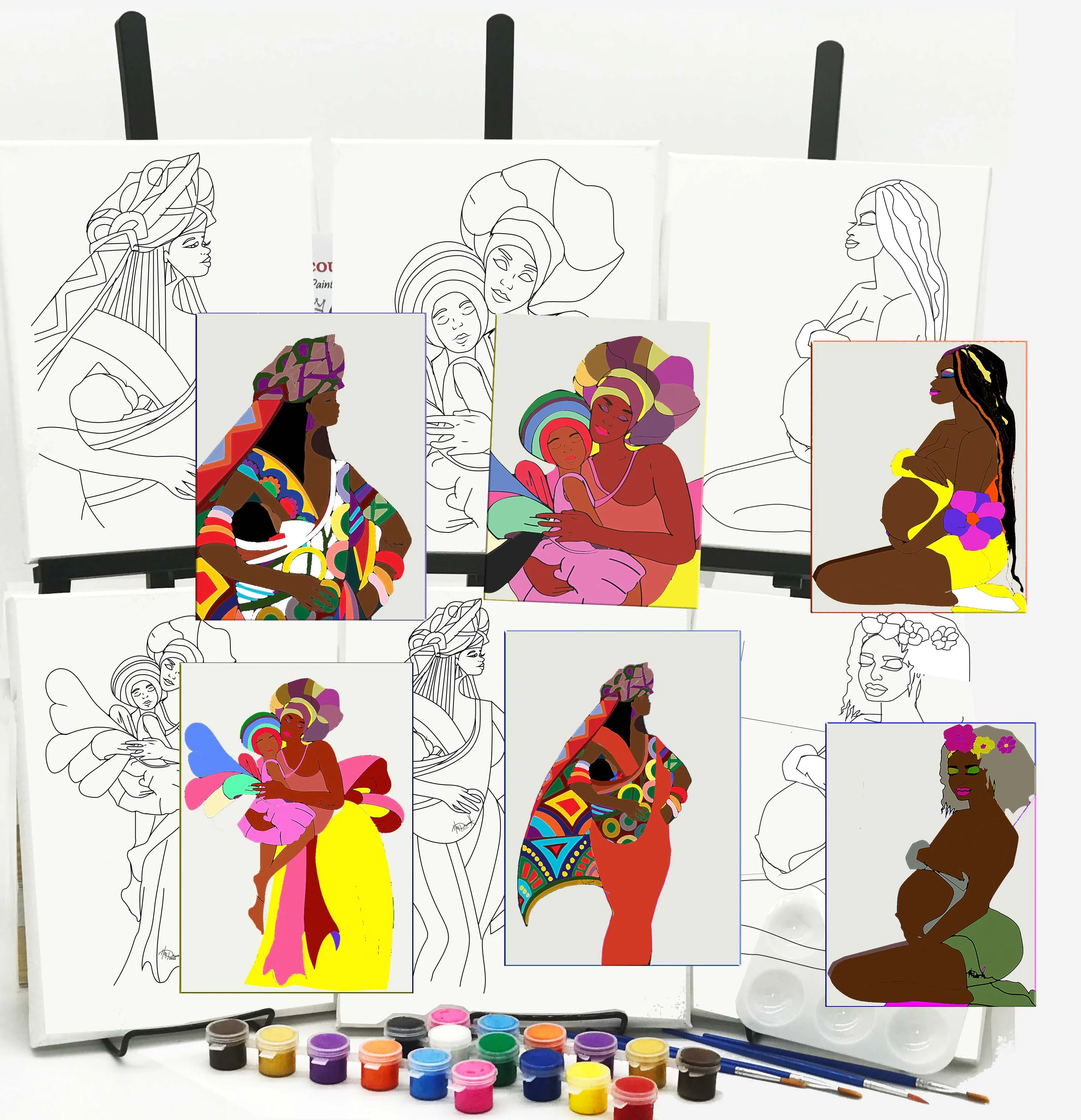 Mothers Day - Mother and Child DIY Painting Kit - 6 pc Canvas pack -  8 x 10 inches Predrawn Canvas - 24 paint pots