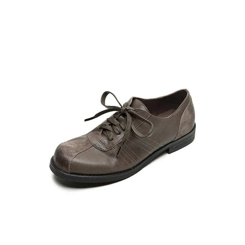 Natural Leather Derby Shoes For Women Low Block Heel Normal Fit in Brown/Black/Grey