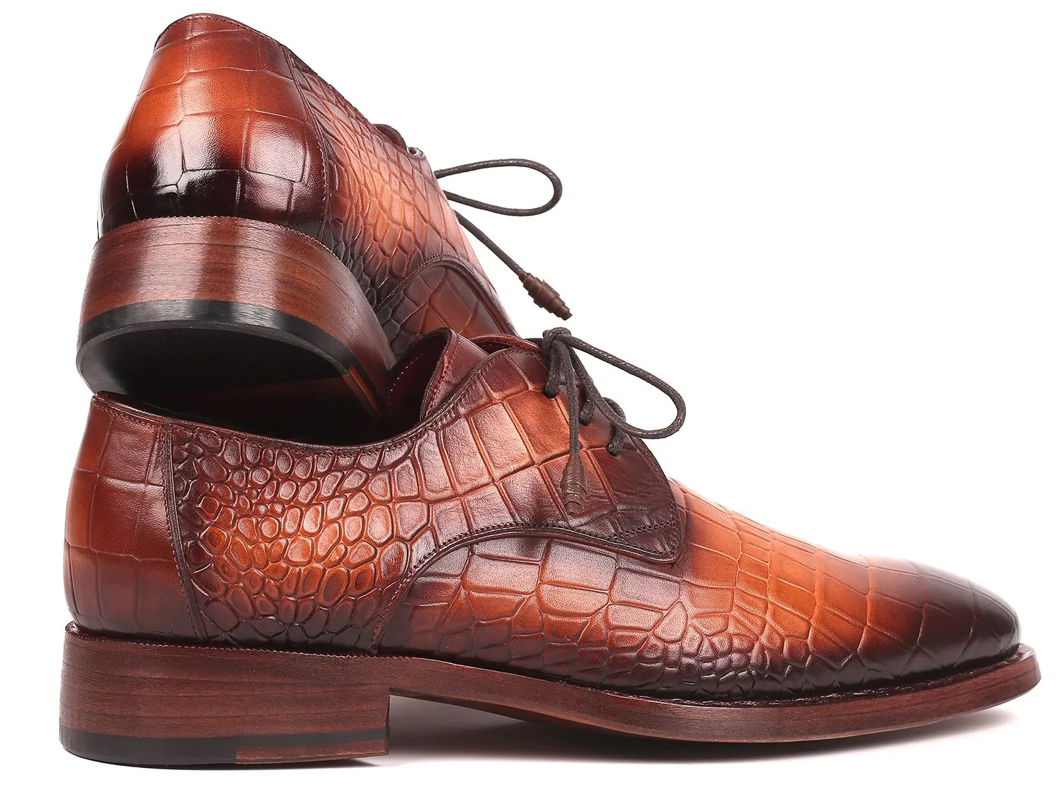 Paul Parkman Croco-Embossed Calfskin Goodyear Welted Derby Shoes in Brown