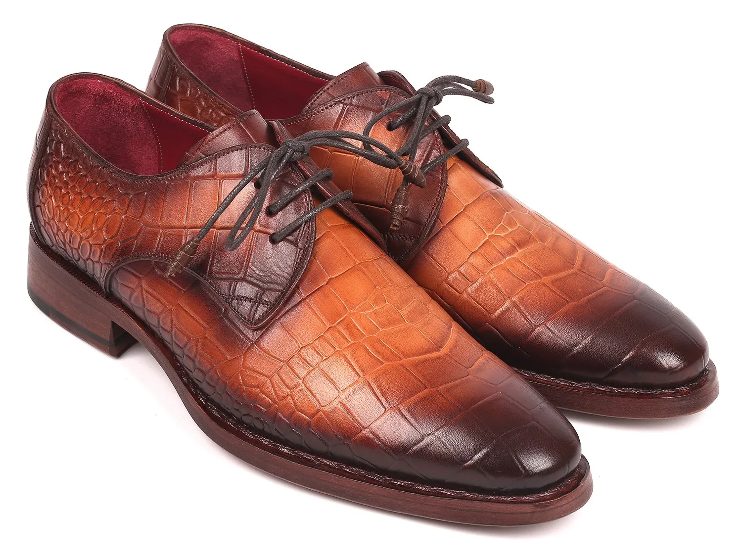 Paul Parkman Croco-Embossed Calfskin Goodyear Welted Derby Shoes in Brown