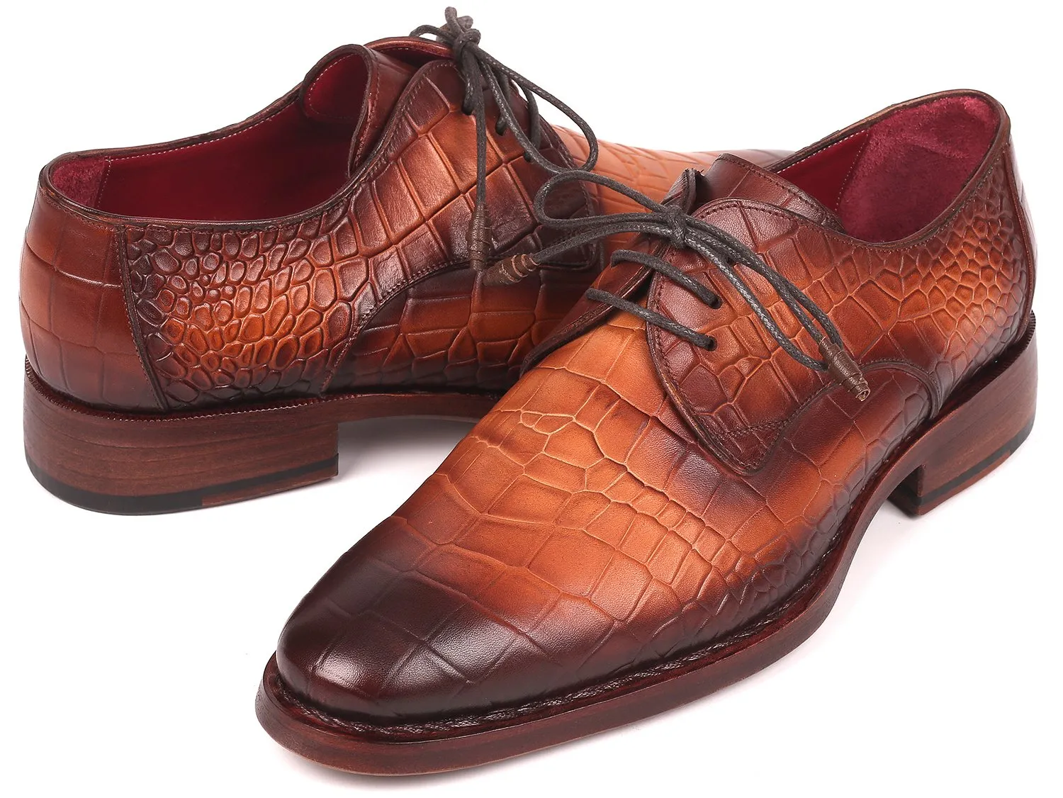 Paul Parkman Croco-Embossed Calfskin Goodyear Welted Derby Shoes in Brown