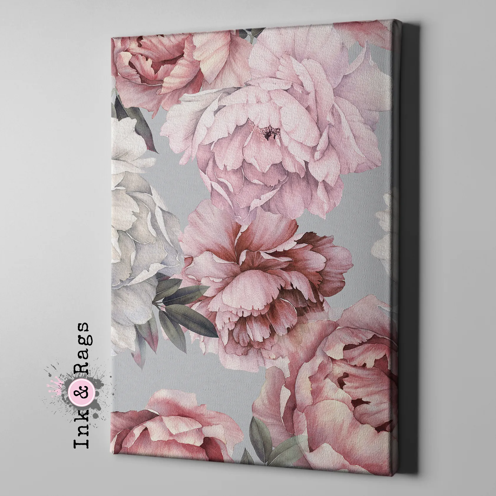 Pink and Grey Watercolor Peony Floral Gallery Wrapped Canvas