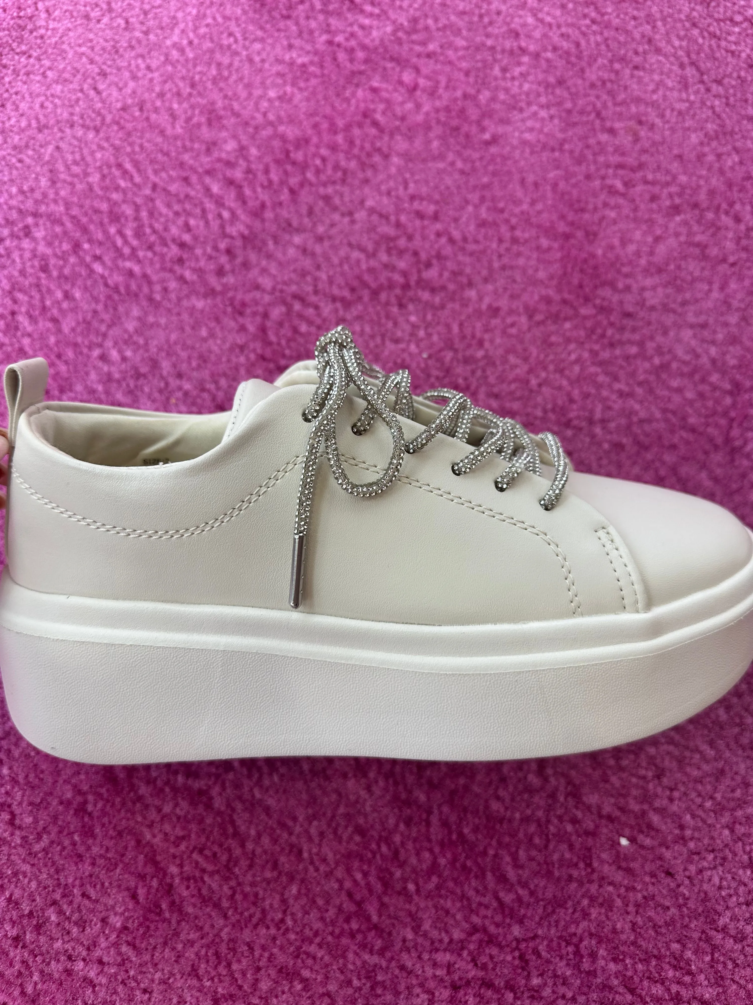 Platform Sneaker with Rhinestone Laces in Beige