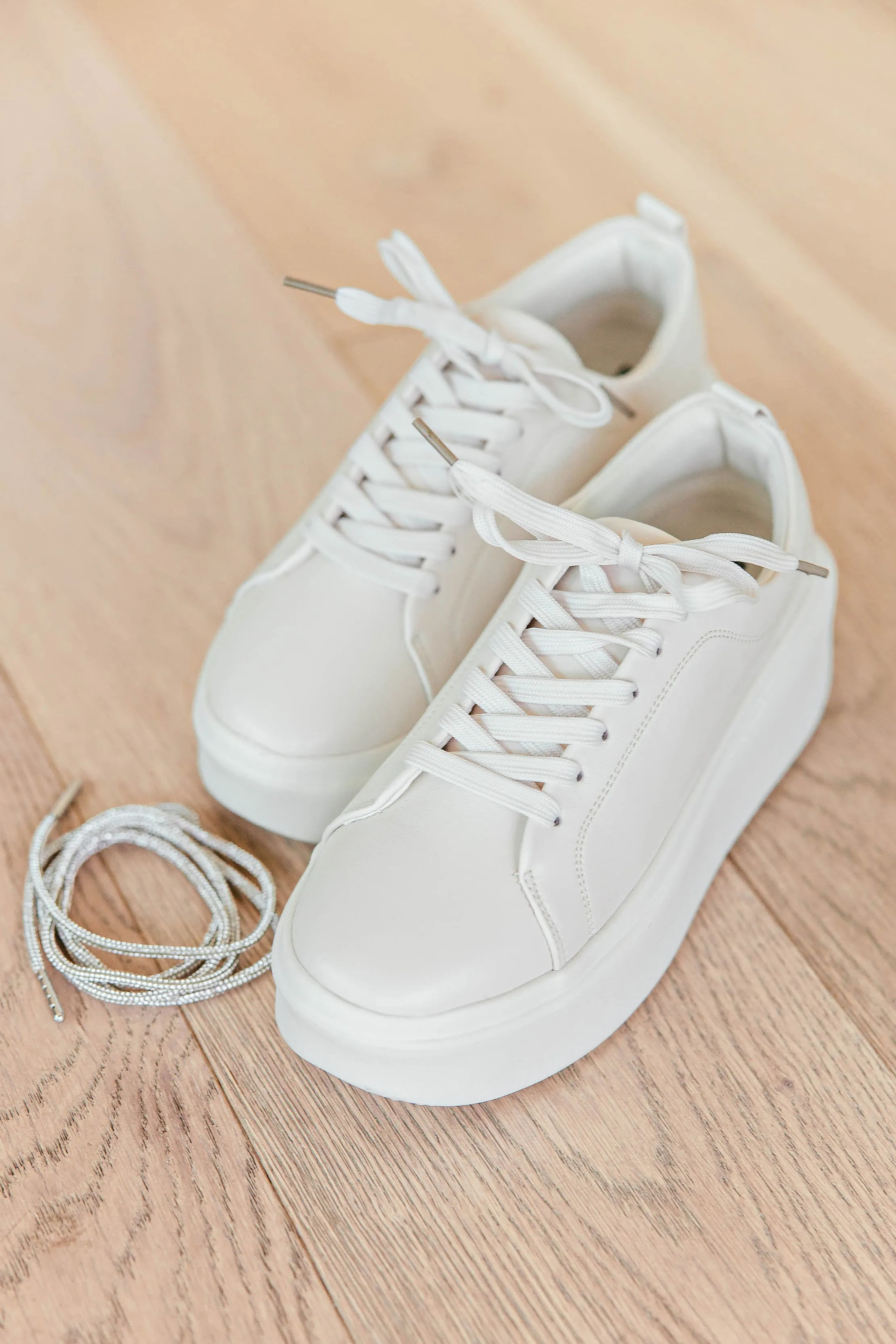 Platform Sneaker with Rhinestone Laces in Beige