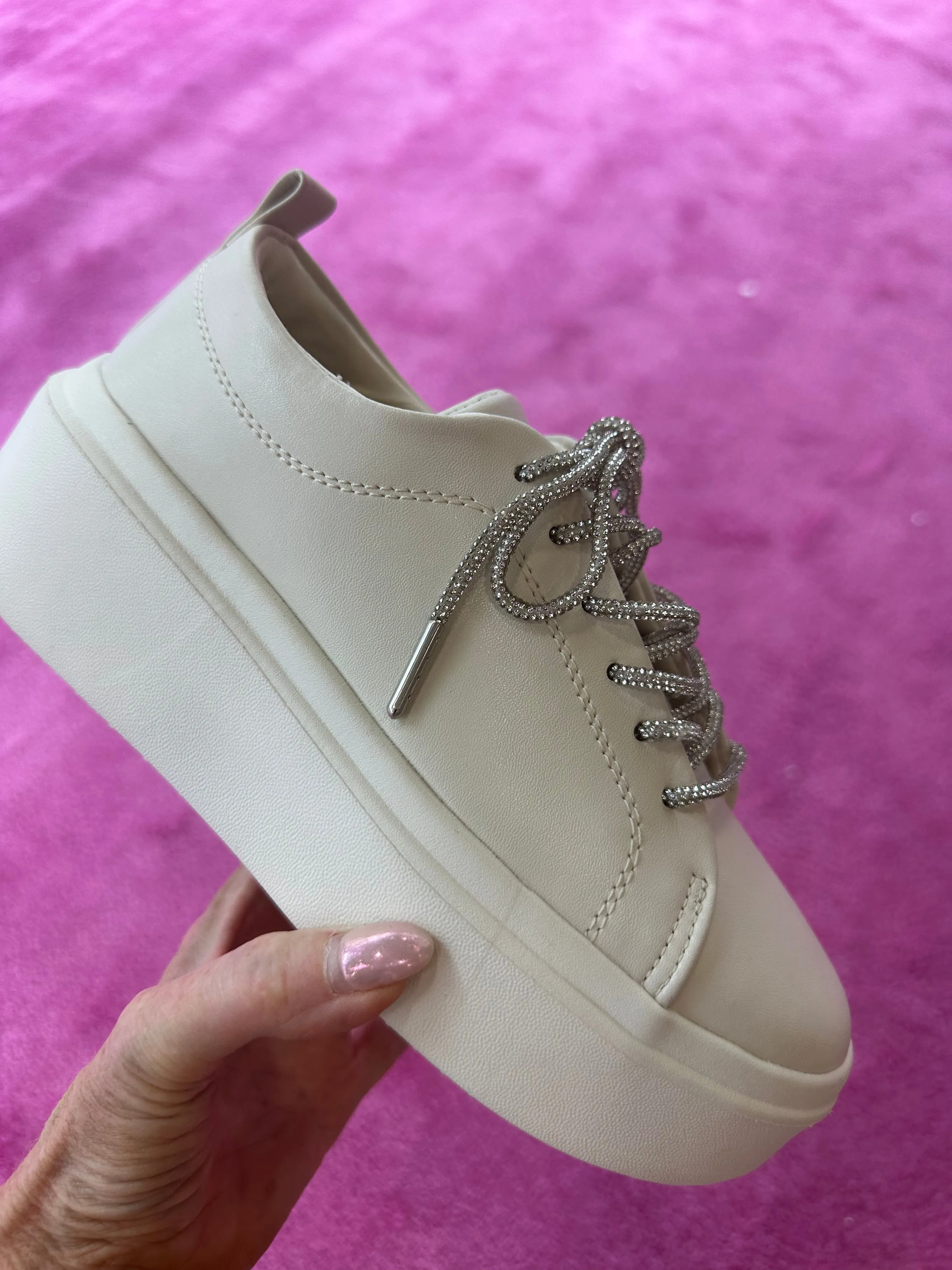 Platform Sneaker with Rhinestone Laces in Beige