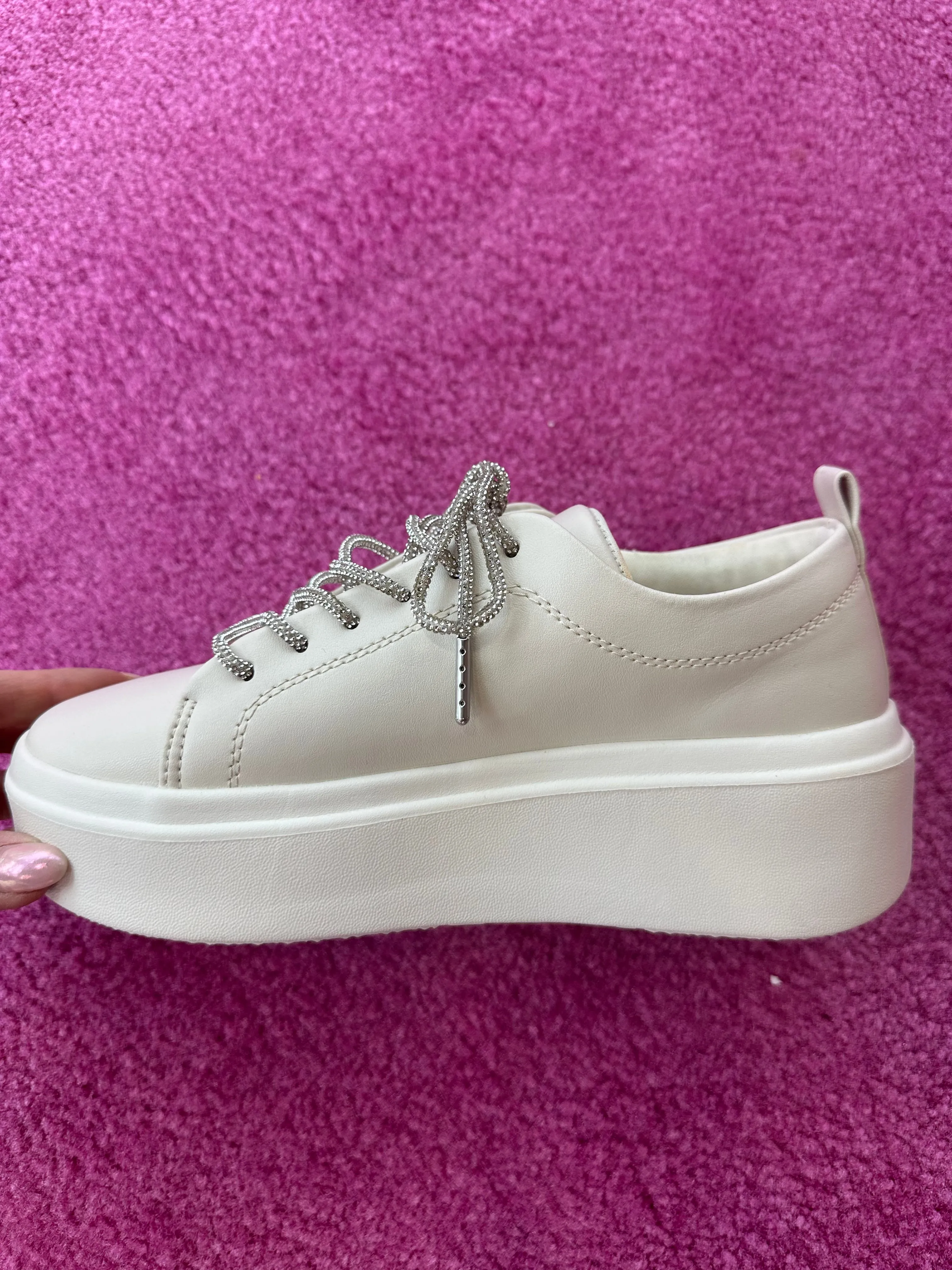 Platform Sneaker with Rhinestone Laces in Beige