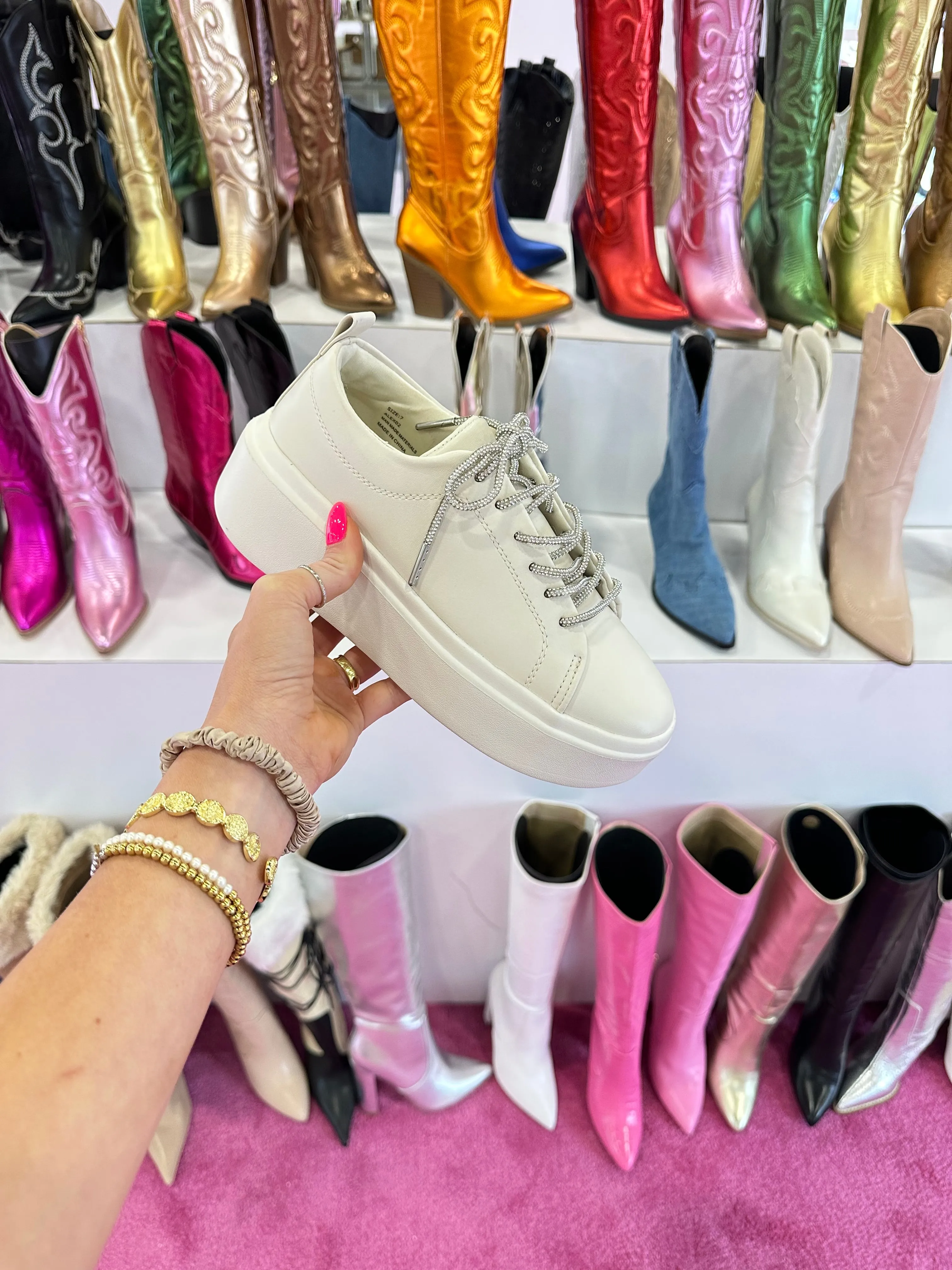 Platform Sneaker with Rhinestone Laces in Beige