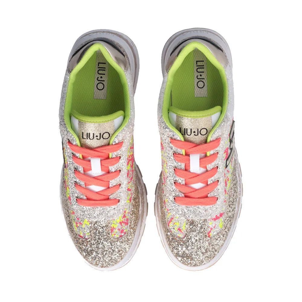 Scarpe Donna LIU JO Sneakers Platform Amazing 26 Full Glitter Multicolor Gold White e Fluo