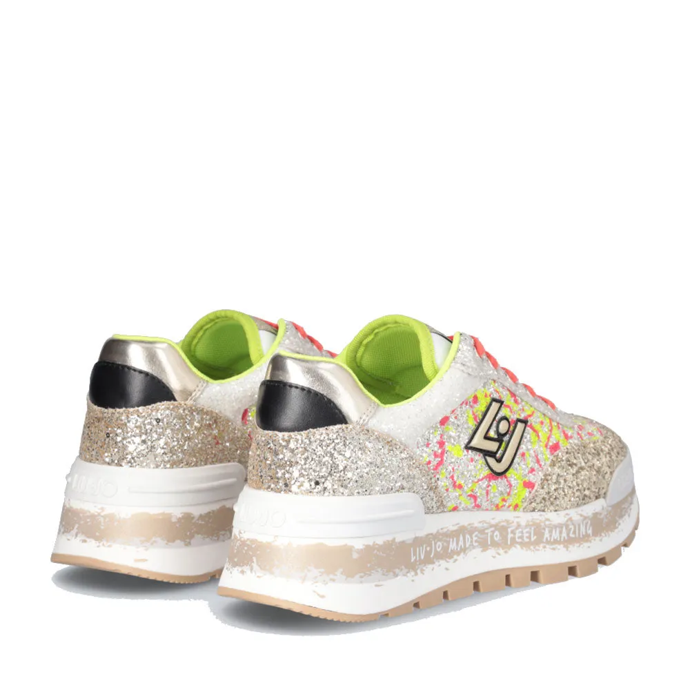 Scarpe Donna LIU JO Sneakers Platform Amazing 26 Full Glitter Multicolor Gold White e Fluo