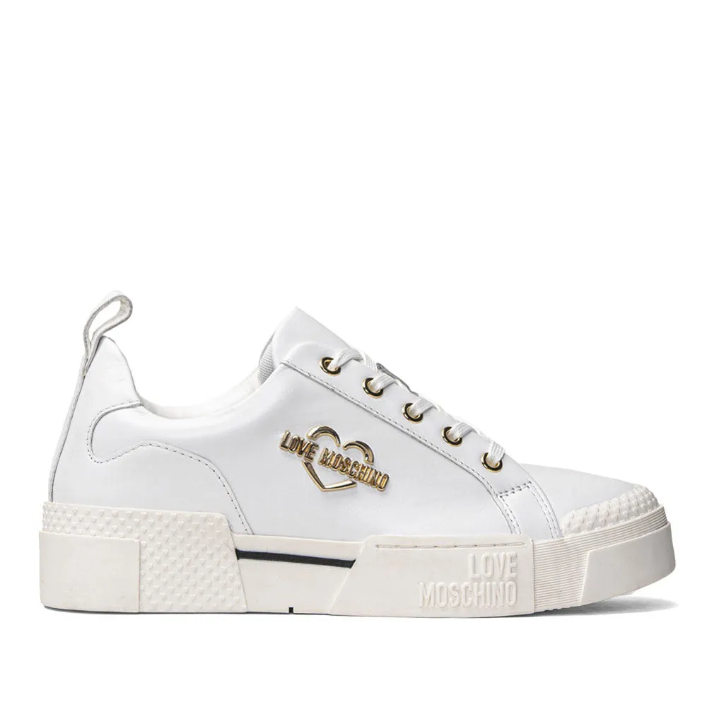 Scarpe Donna LOVE MOSCHINO Sneakers Platform in Pelle Bianca linea Gold Metal Logo