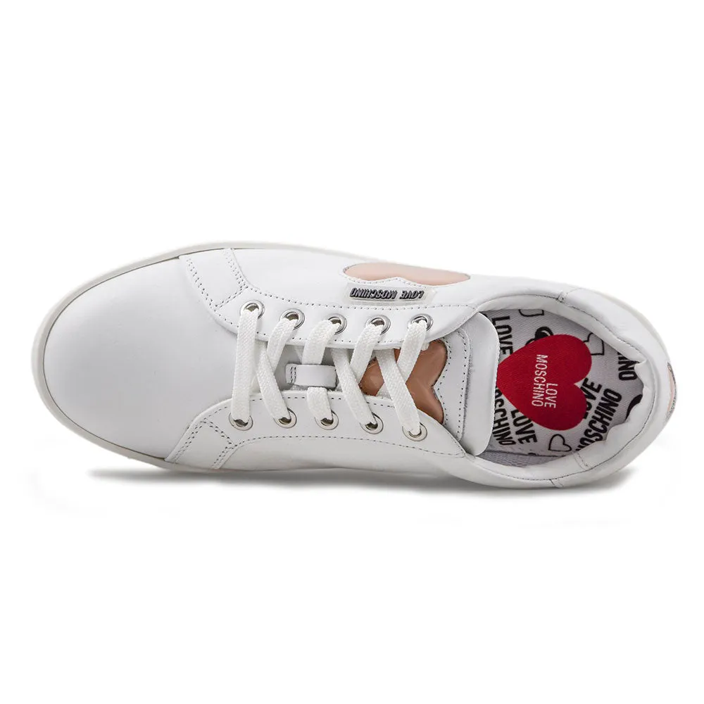 Sneakers Donna Love Moschino in Pelle Bianca con Cuore Rosa Cipria