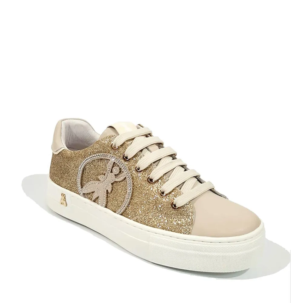 Sneakers PATRIZIA PEPE Girl con Glitter Oro All Over e Inserti in Pelle Beige