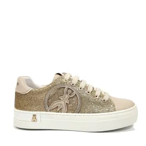 Sneakers PATRIZIA PEPE Girl con Glitter Oro All Over e Inserti in Pelle Beige