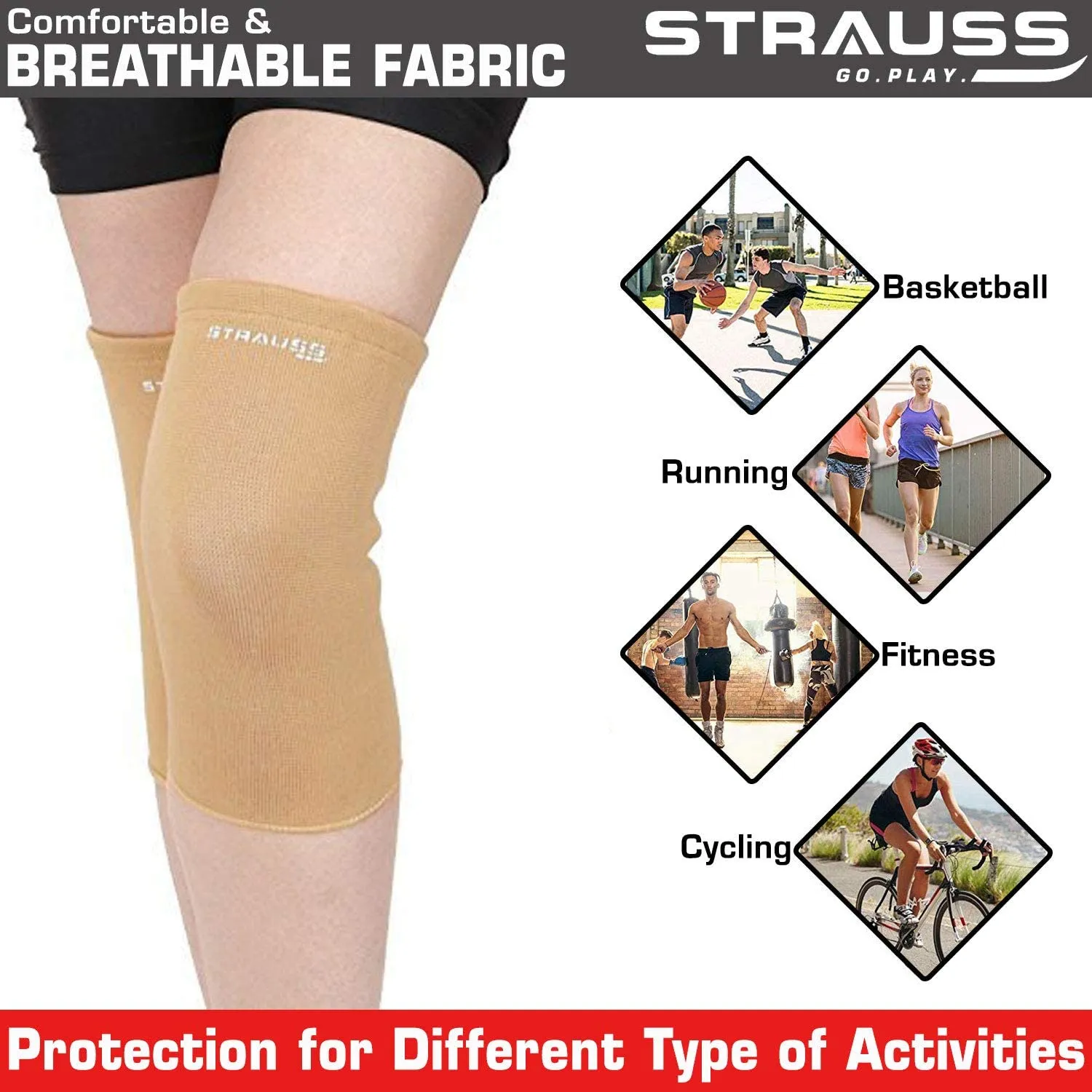 STRAUSS Elastic Knee Cap Support | Support for Ankle, Knee, Elbow Pain Relief, Sports & Workout | Can Be Used For Squats and Powerlifting | X-Large, 1Pair,(Beige)