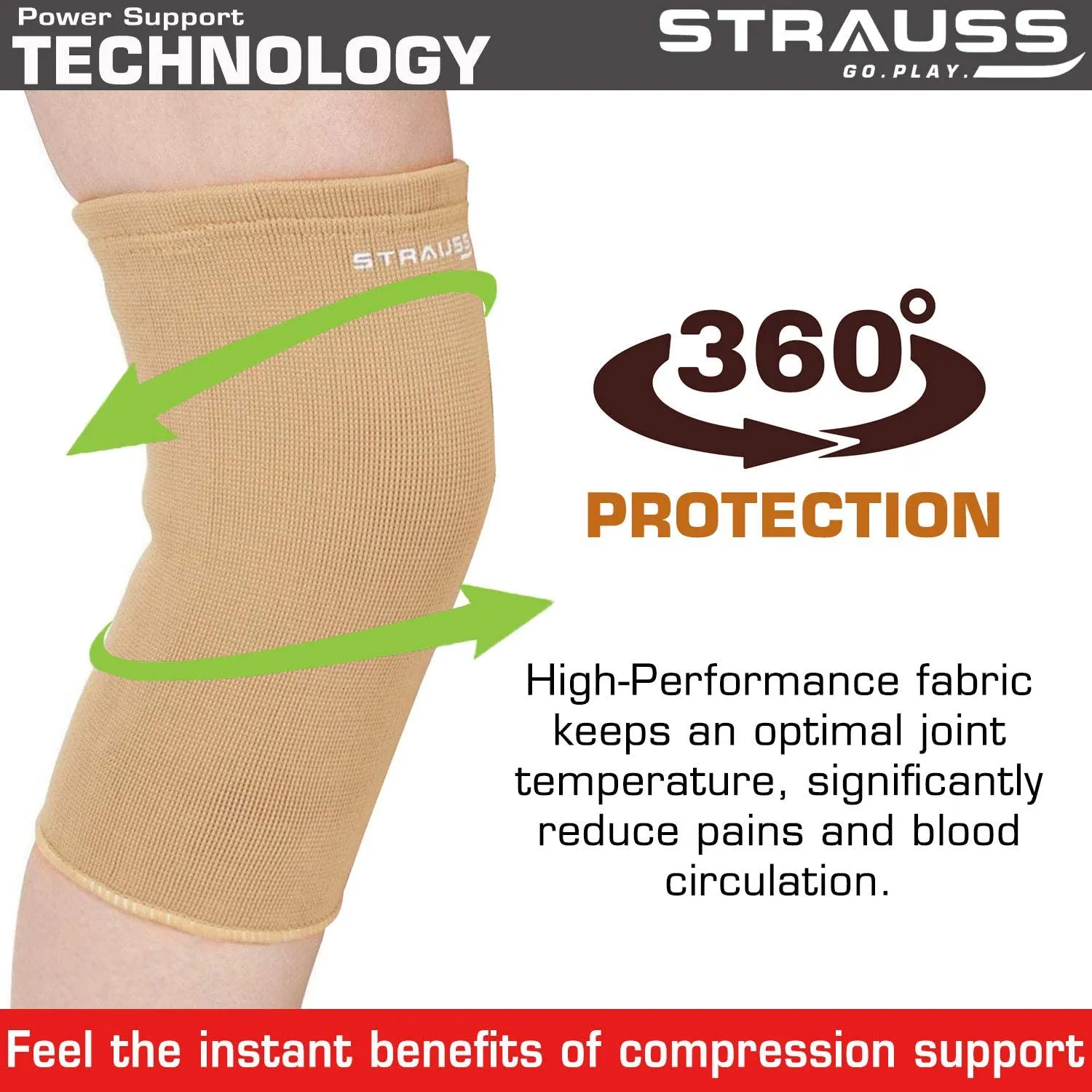 STRAUSS Elastic Knee Cap Support | Support for Ankle, Knee, Elbow Pain Relief, Sports & Workout | Can Be Used For Squats and Powerlifting | X-Large, 1Pair,(Beige)