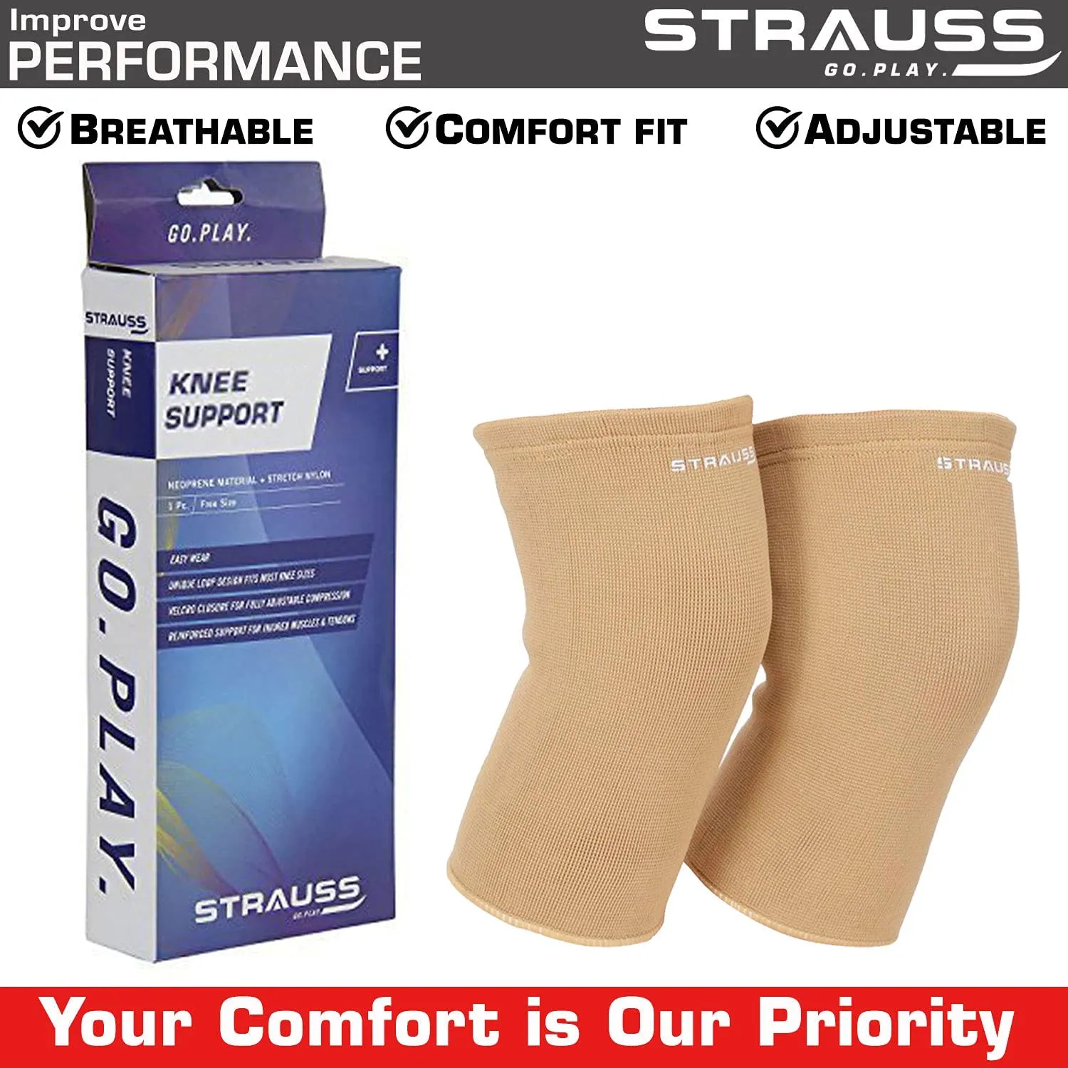 STRAUSS Elastic Knee Cap Support | Support for Ankle, Knee, Elbow Pain Relief, Sports & Workout | Can Be Used For Squats and Powerlifting | X-Large, 1Pair,(Beige)