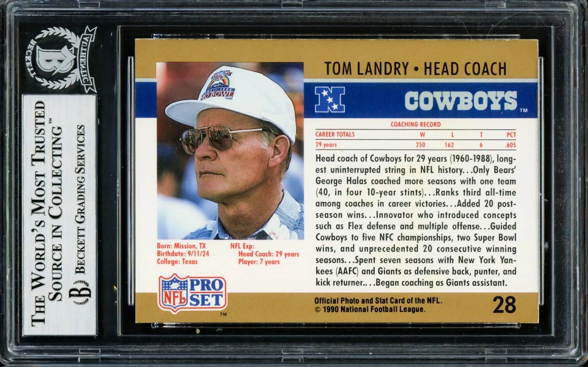 Tom Landry Autographed 1990 Pro Set Card #28 Dallas Cowboys Beckett BAS #14133818