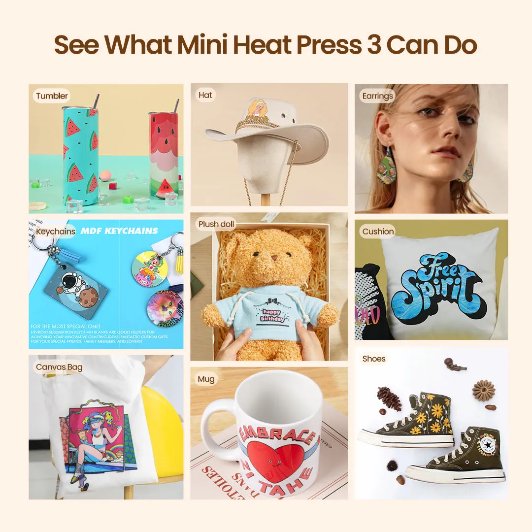 [Ultimate Premium Bundle]HTVRONT Mini3 Heat Press Canvas Bags&Mugs&Cap Bundle(Canvas Tote Bag*6 Mugs 11oz*6 Cap Blank*1 Multicolor HTV*15 Sumblimation Paper*30 Sumblimation HTV*5 Heat Tape*3 PTFE Teflon Sheet*3 Heat Press Mat Cutting mat≥122＄)