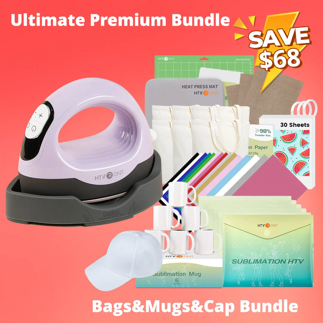 [Ultimate Premium Bundle]HTVRONT Mini3 Heat Press Canvas Bags&Mugs&Cap Bundle(Canvas Tote Bag*6 Mugs 11oz*6 Cap Blank*1 Multicolor HTV*15 Sumblimation Paper*30 Sumblimation HTV*5 Heat Tape*3 PTFE Teflon Sheet*3 Heat Press Mat Cutting mat≥122＄)