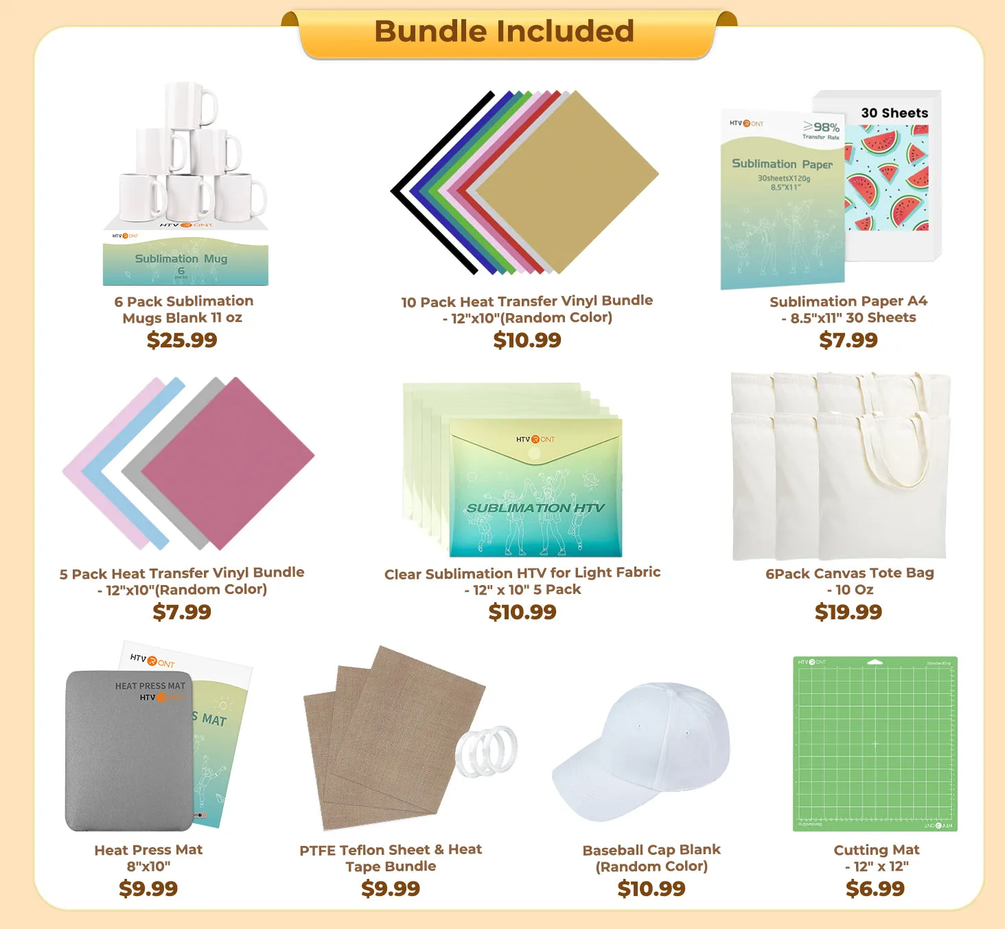 [Ultimate Premium Bundle]HTVRONT Mini3 Heat Press Canvas Bags&Mugs&Cap Bundle(Canvas Tote Bag*6 Mugs 11oz*6 Cap Blank*1 Multicolor HTV*15 Sumblimation Paper*30 Sumblimation HTV*5 Heat Tape*3 PTFE Teflon Sheet*3 Heat Press Mat Cutting mat≥122＄)