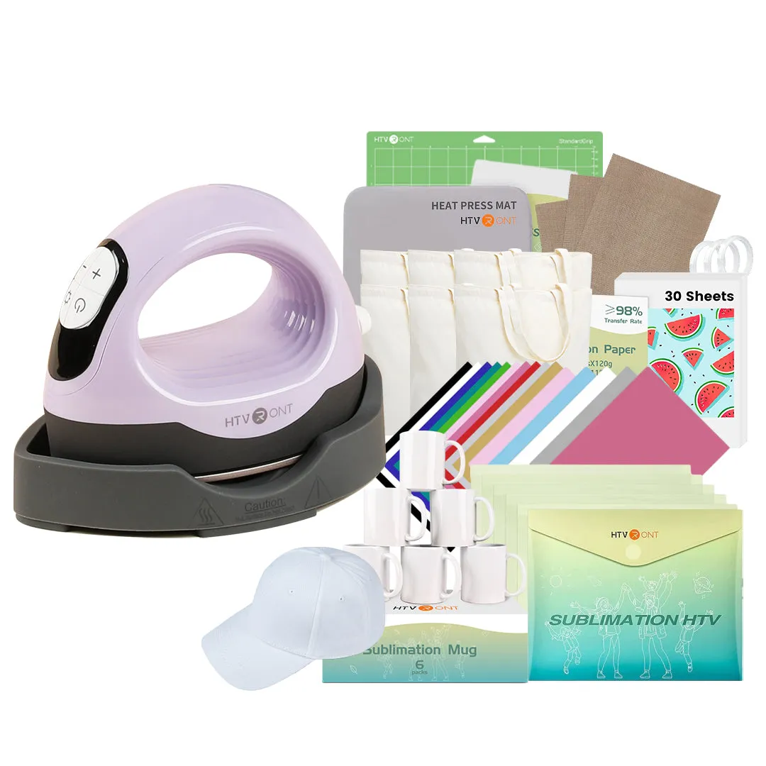 [Ultimate Premium Bundle]HTVRONT Mini3 Heat Press Canvas Bags&Mugs&Cap Bundle(Canvas Tote Bag*6 Mugs 11oz*6 Cap Blank*1 Multicolor HTV*15 Sumblimation Paper*30 Sumblimation HTV*5 Heat Tape*3 PTFE Teflon Sheet*3 Heat Press Mat Cutting mat≥122＄)