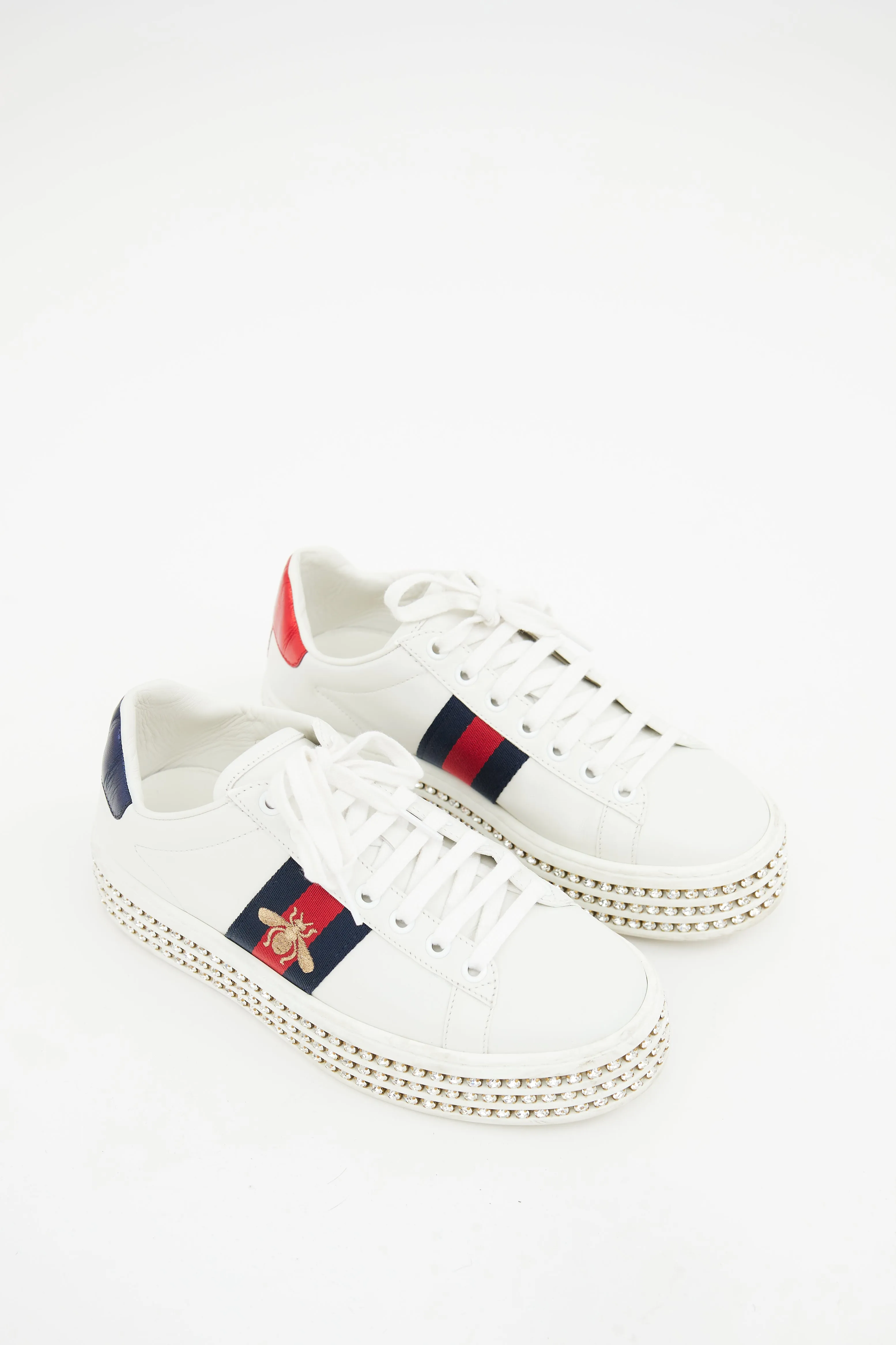 White Leather Embroidered Web Crystal Sneaker