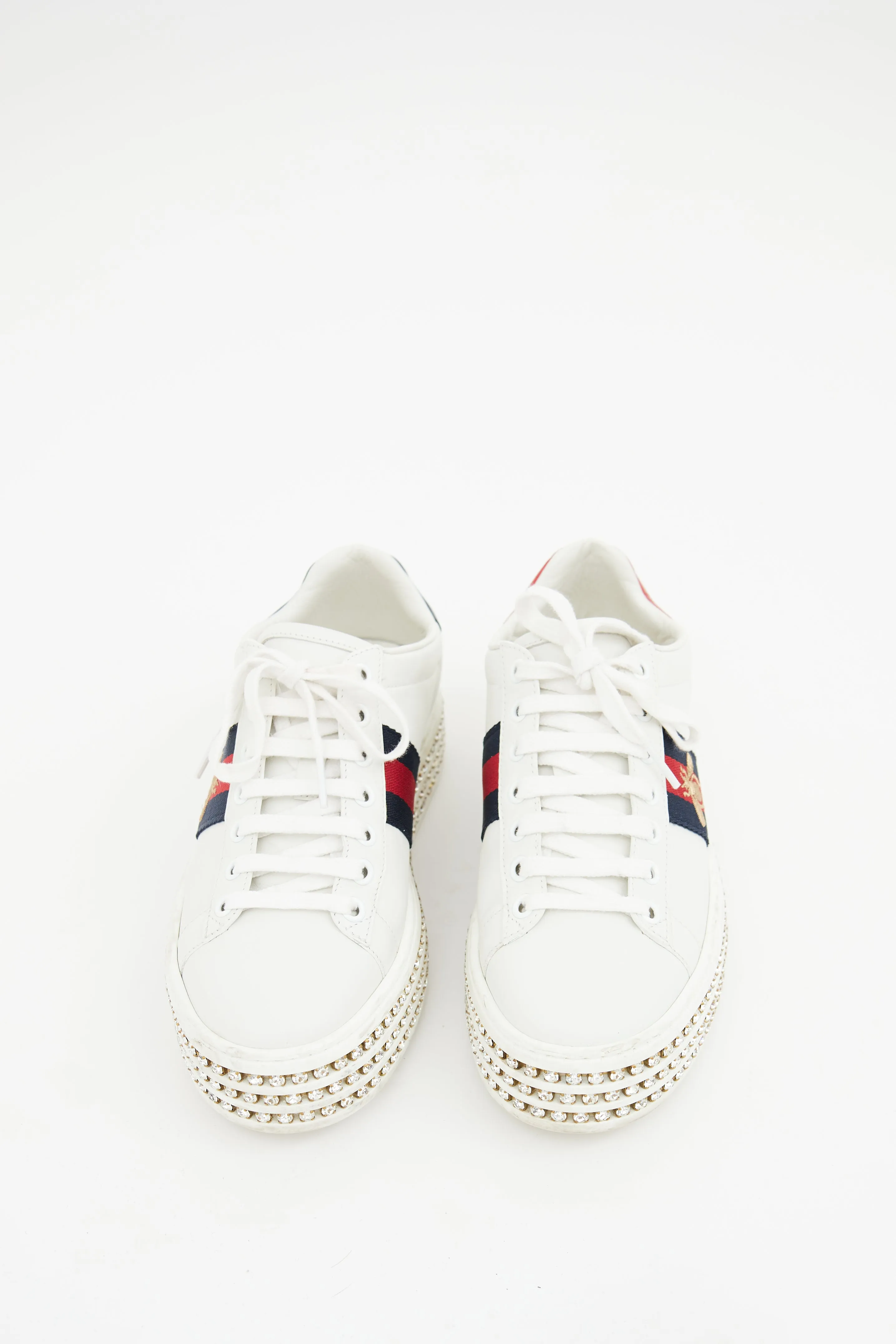 White Leather Embroidered Web Crystal Sneaker