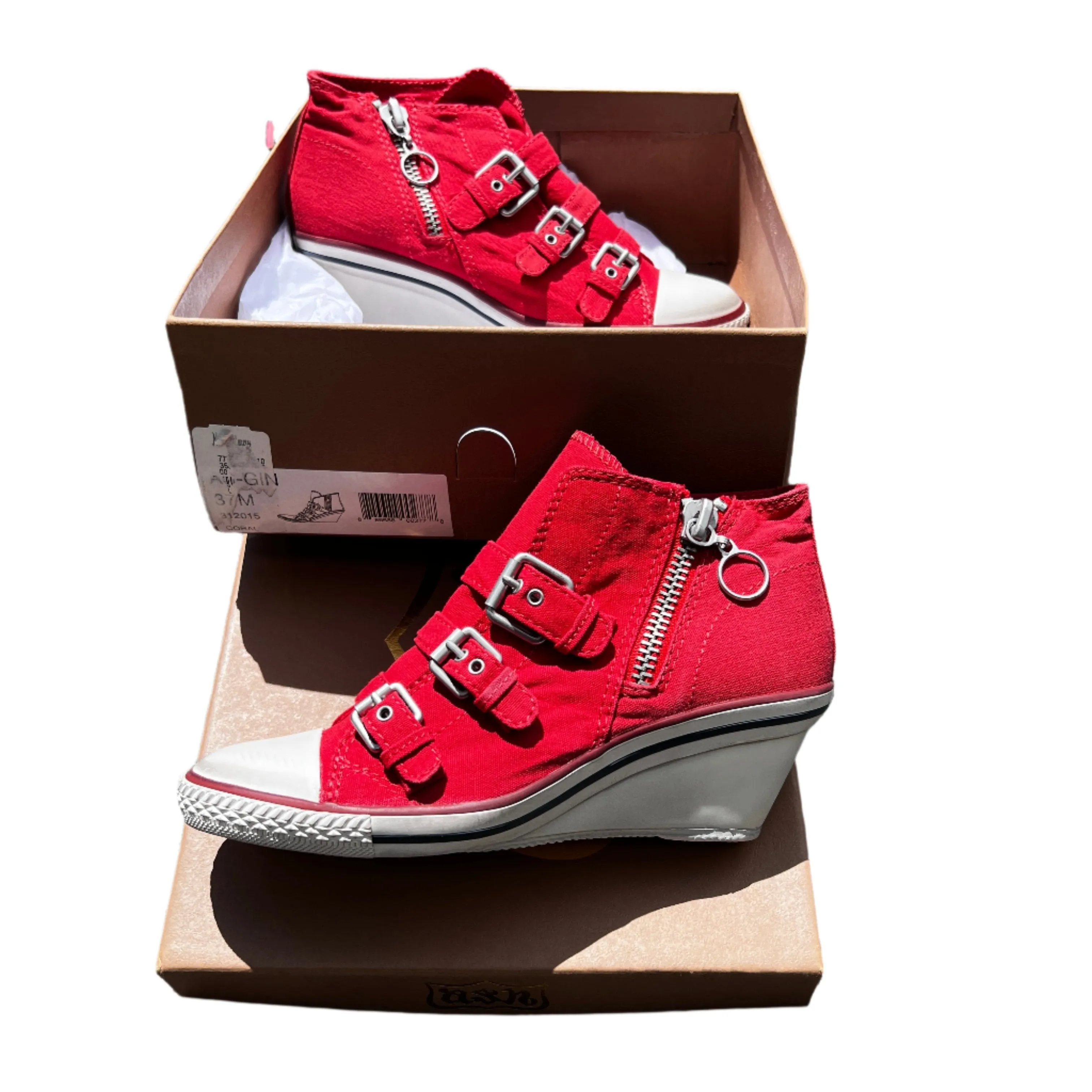 Women's Ash Gin Buckle  High-Top Wedge Sneakers  Coral Textile  37