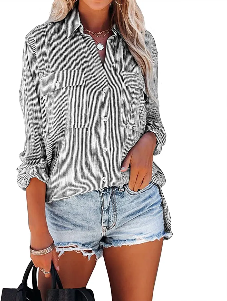 Women's Striped Button Down Shirts Casual Long Sleeve Stylish V Neck Blouses Tops with Pockets