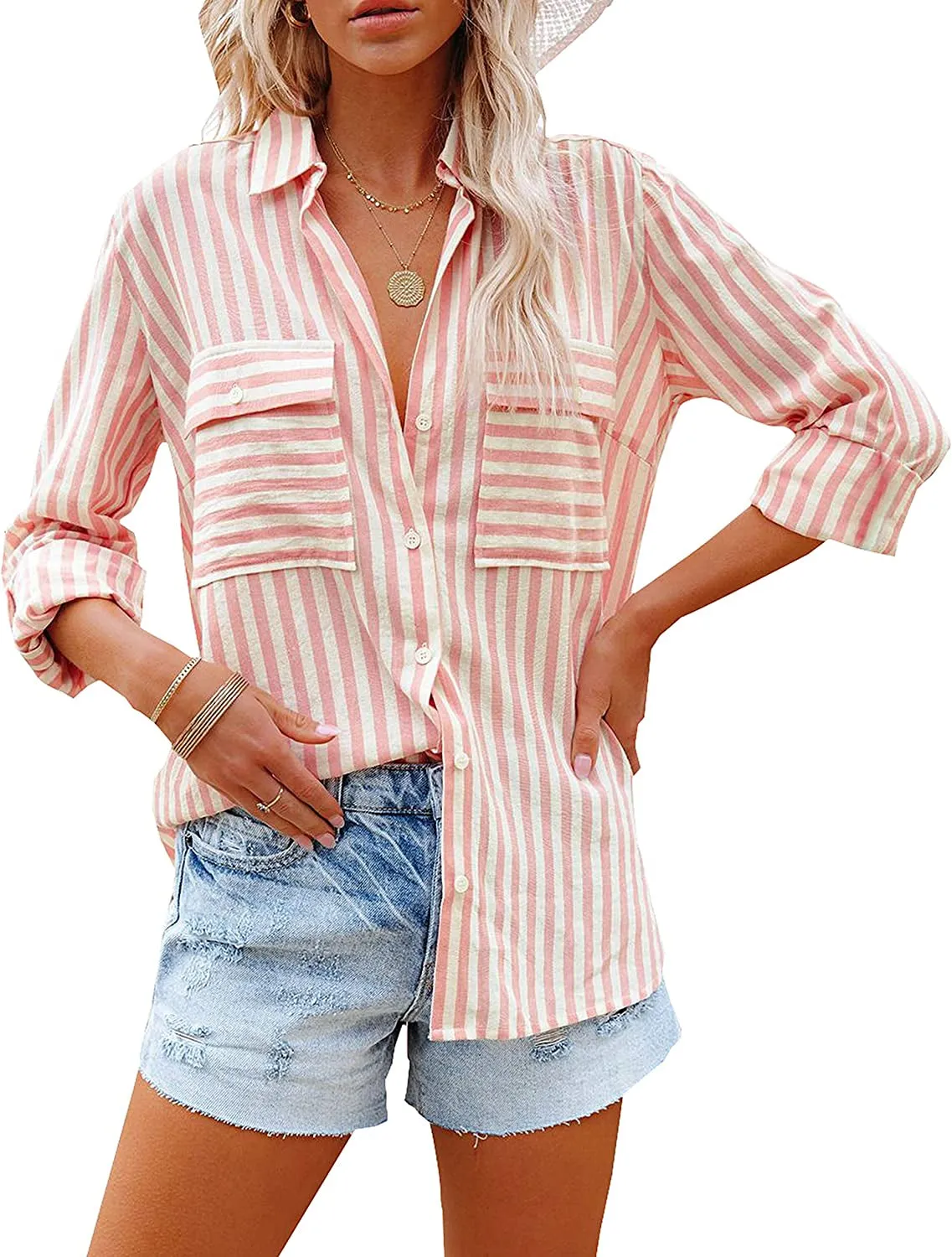 Women's Striped Button Down Shirts Casual Long Sleeve Stylish V Neck Blouses Tops with Pockets