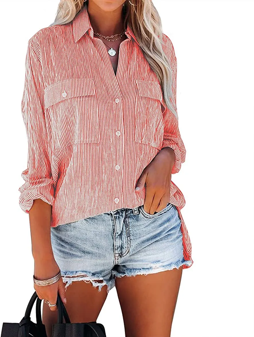 Women's Striped Button Down Shirts Casual Long Sleeve Stylish V Neck Blouses Tops with Pockets