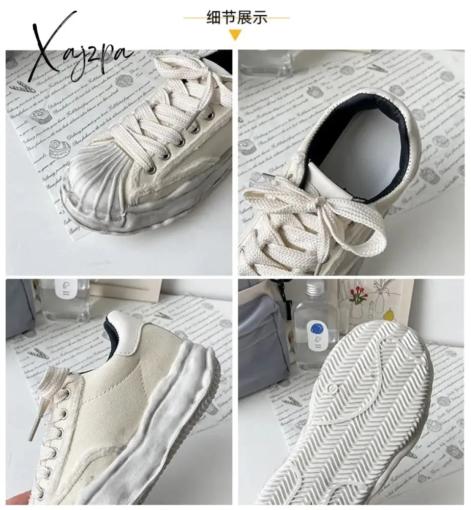 Xajzpa - Women's Canvas Sneakers Dirty Shoes New Student Canvas Thick Dissolving Heels White Shoes Lace Up Sports Shoes for Women