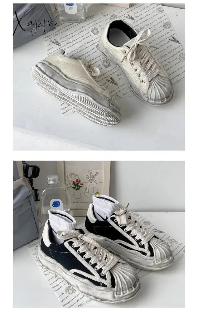 Xajzpa - Women's Canvas Sneakers Dirty Shoes New Student Canvas Thick Dissolving Heels White Shoes Lace Up Sports Shoes for Women