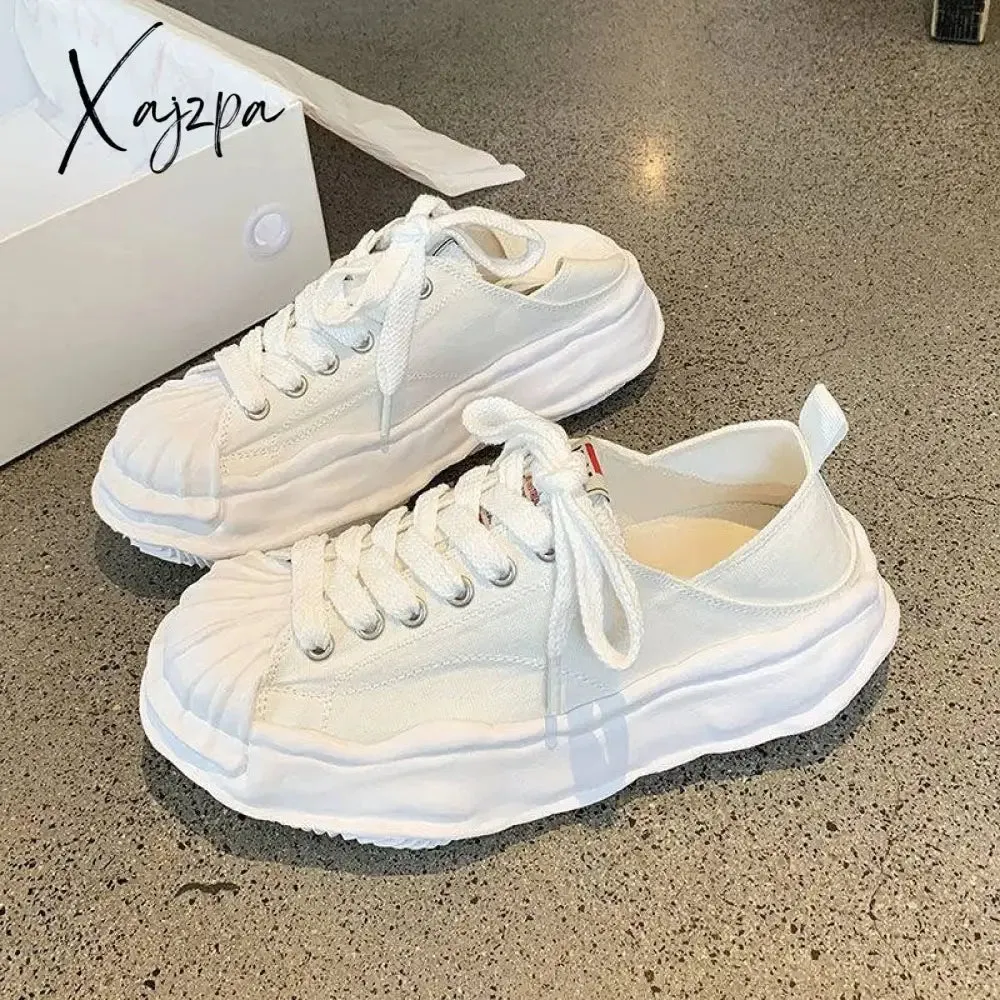 Xajzpa - Women's Canvas Sneakers Dirty Shoes New Student Canvas Thick Dissolving Heels White Shoes Lace Up Sports Shoes for Women