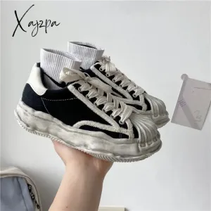 Xajzpa - Women's Canvas Sneakers Dirty Shoes New Student Canvas Thick Dissolving Heels White Shoes Lace Up Sports Shoes for Women