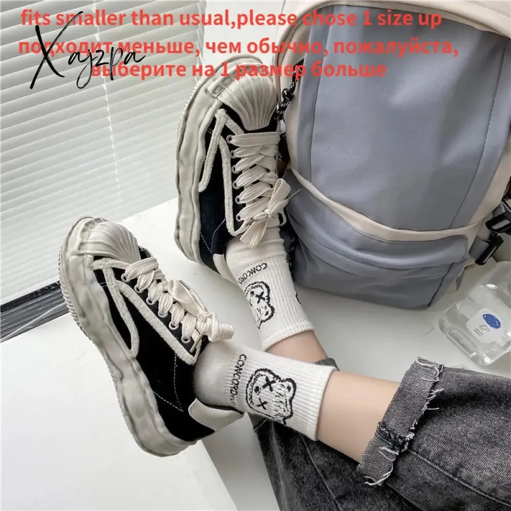 Xajzpa - Women's Canvas Sneakers Dirty Shoes New Student Canvas Thick Dissolving Heels White Shoes Lace Up Sports Shoes for Women