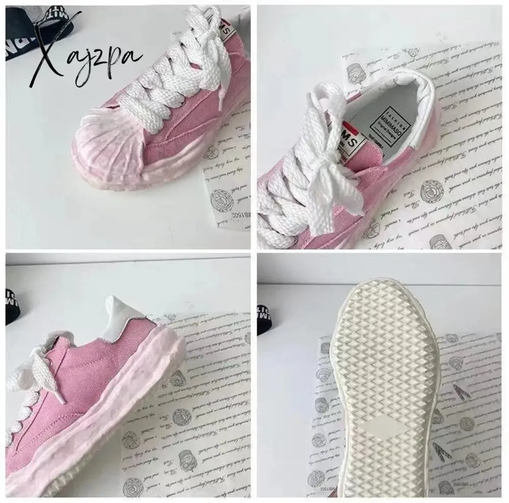 Xajzpa - Women's Canvas Sneakers Dirty Shoes New Student Canvas Thick Dissolving Heels White Shoes Lace Up Sports Shoes for Women