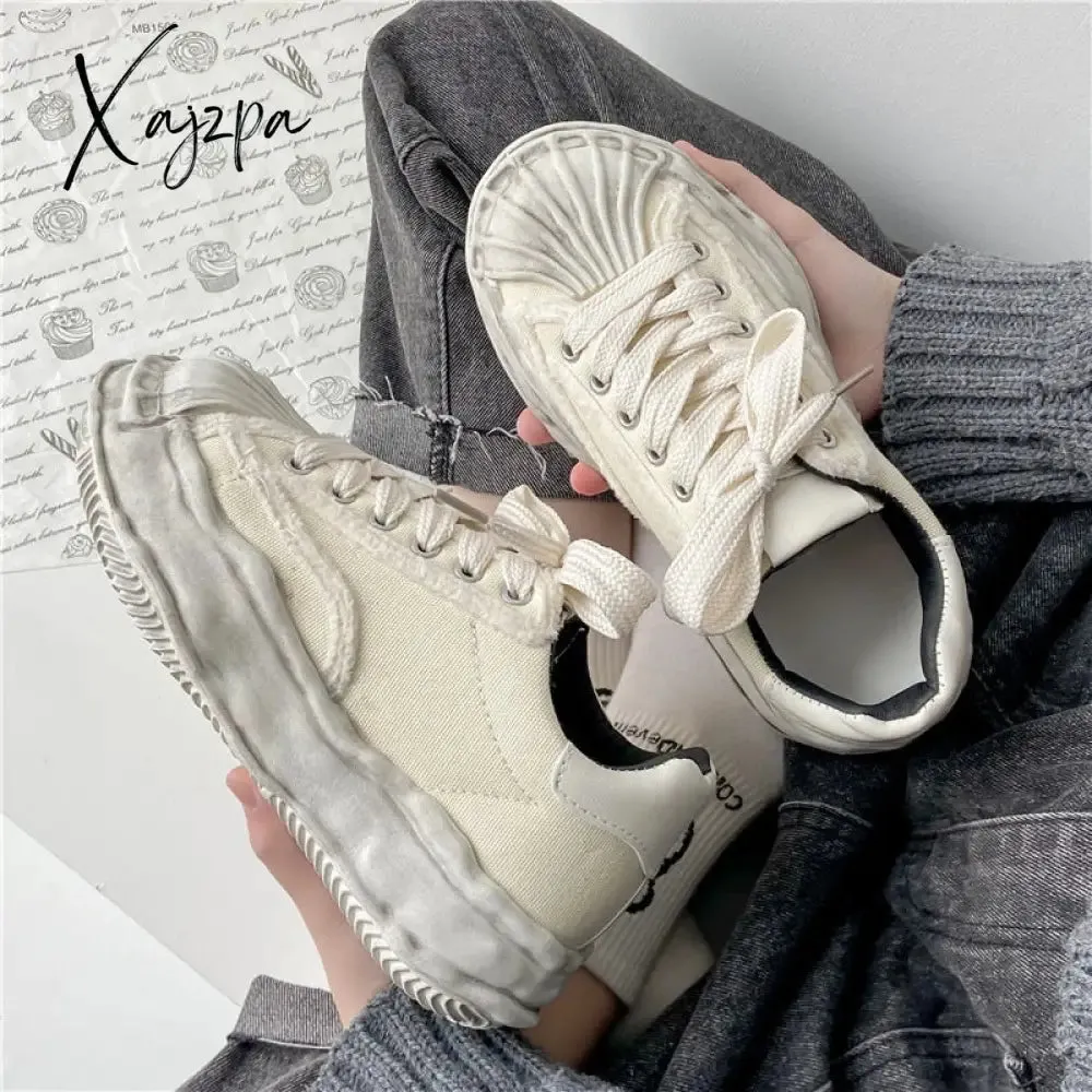 Xajzpa - Women's Canvas Sneakers Dirty Shoes New Student Canvas Thick Dissolving Heels White Shoes Lace Up Sports Shoes for Women