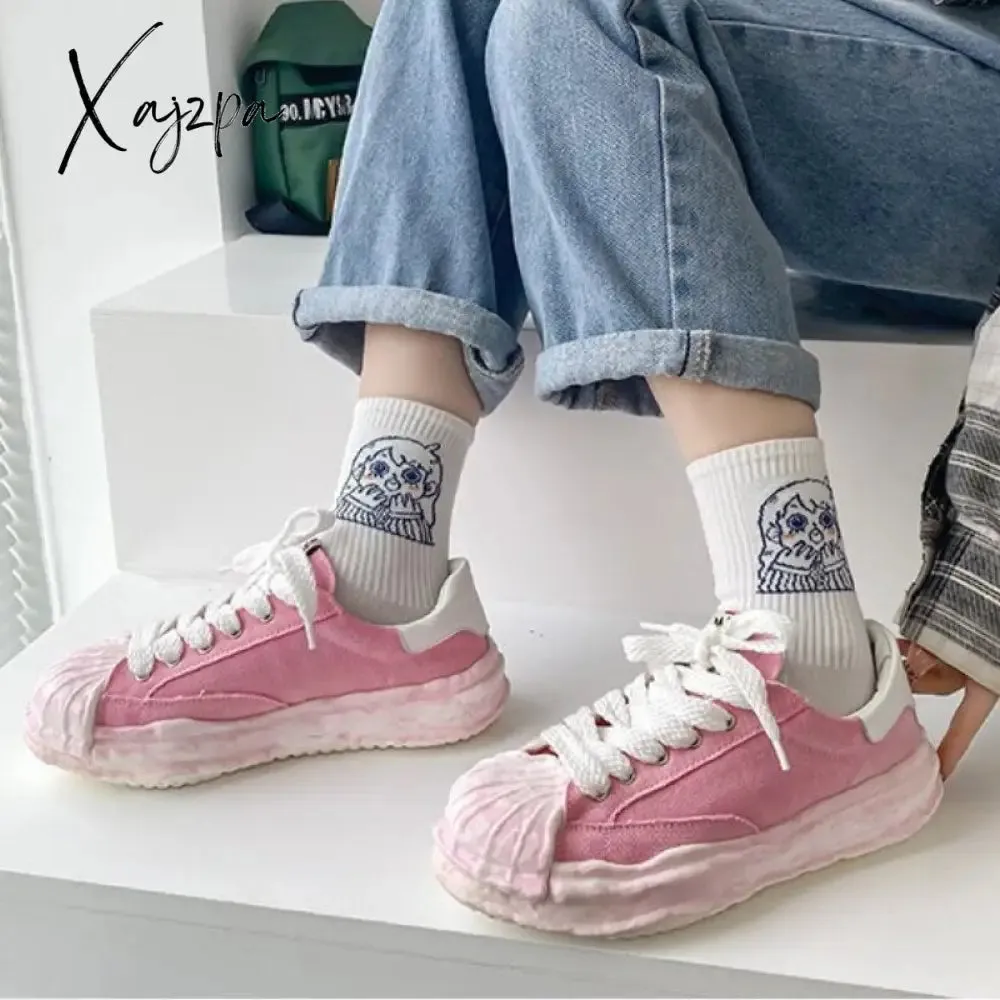 Xajzpa - Women's Canvas Sneakers Dirty Shoes New Student Canvas Thick Dissolving Heels White Shoes Lace Up Sports Shoes for Women